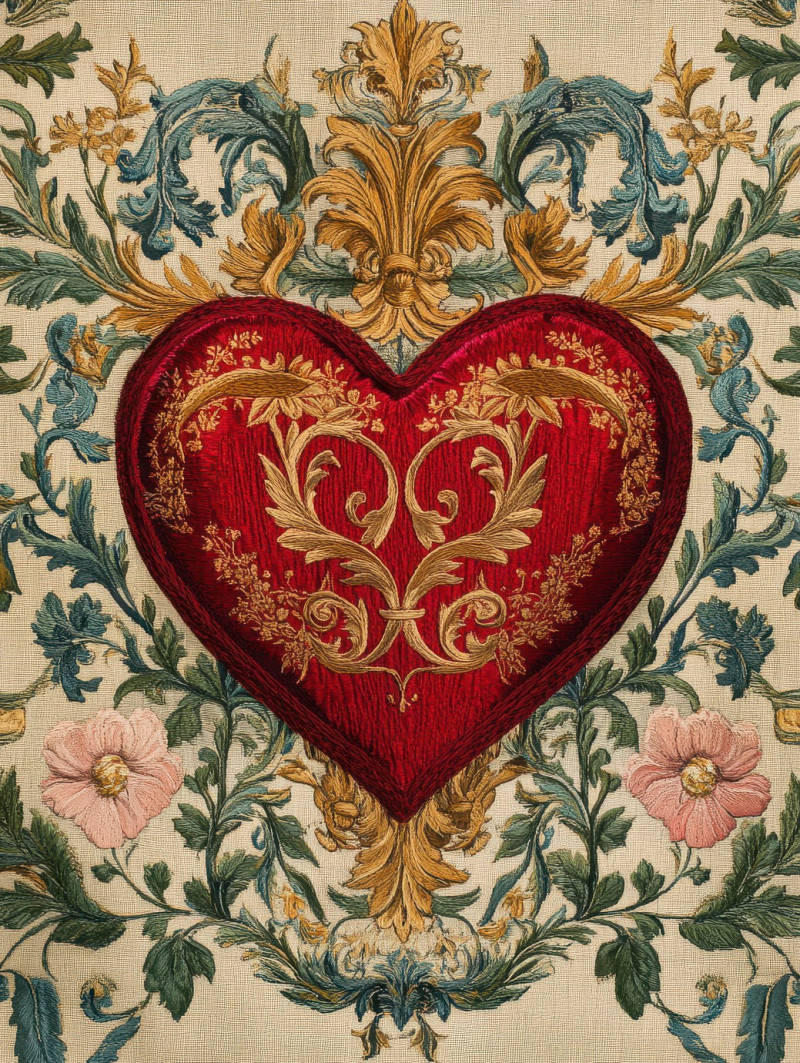 Heart stitched with red silk threads, symbolic gobelin tapestry of love and emotion, artistic gobelin weaving with delicate embroidery from gobelin looms
