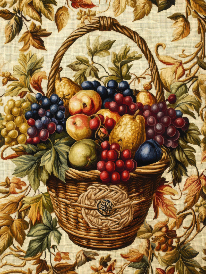 Woven basket of deep colored fruits, rich gobelin tapestry highlighting gobelin weaving, detailed textile art created with gobelin looms, classic still life design