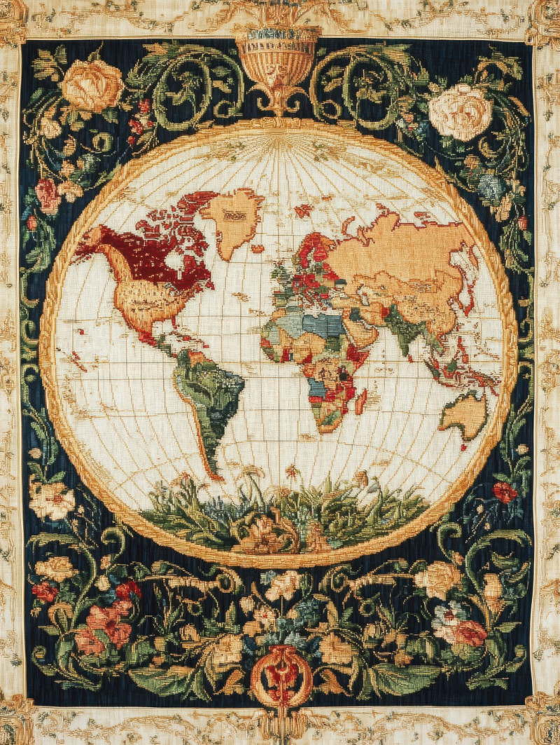 World map stitched with colorful threads, artistic gobelin tapestry depicting geography, precise gobelin weaving with global patterns from gobelin looms