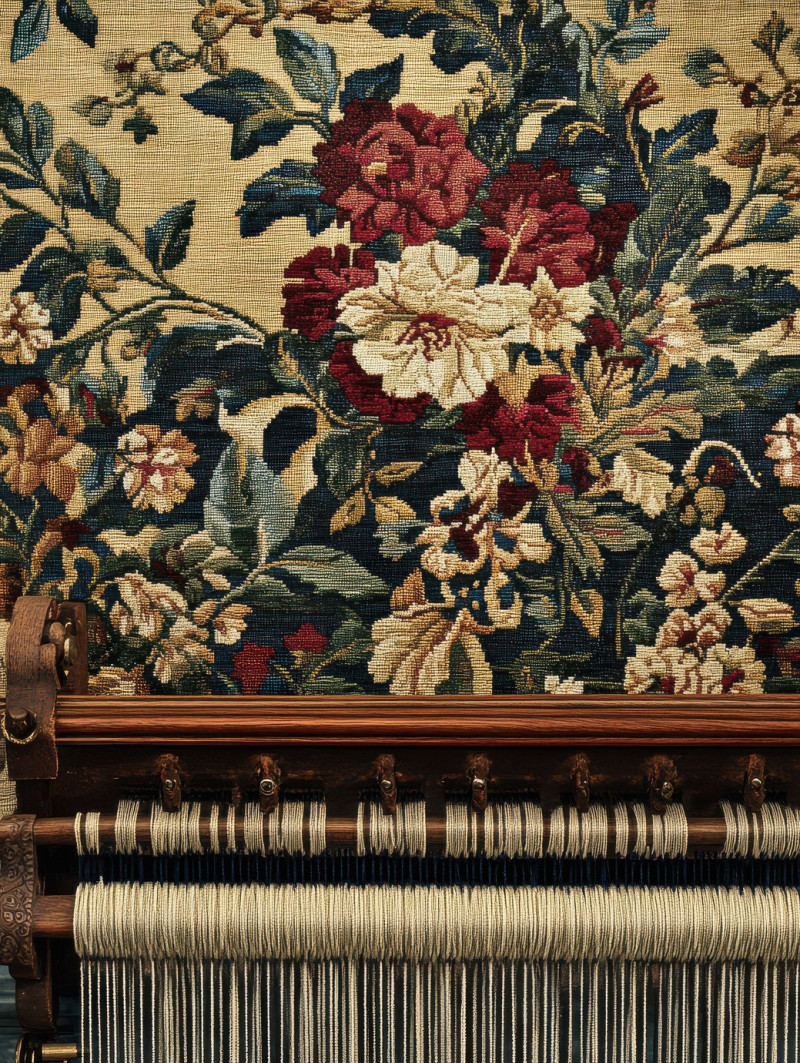 Looms and gears in a woven textile design, industrial gobelin tapestry showcasing gobelin weaving, mechanical inspired artwork crafted from gobelin looms