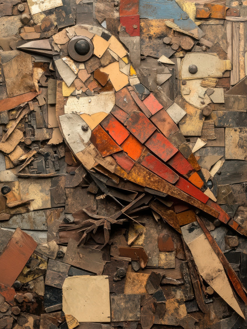 A bird crafted from mixed metal and wood fragments, featuring an abstract assemblage of textures and shapes, artistic arman assemblage sculpture blending nature and industry