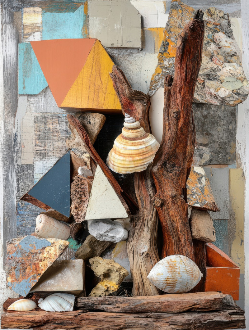 A driftwood and shell sculpture, creatively arranged in an abstract assemblage, organic materials form an arman assemblage inspired by natureâ€™s textures