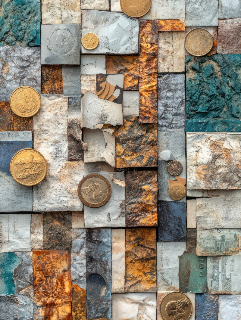 A collage of old coins and paper currencies, forming an abstract assemblage of history and finance, vintage arman assemblage capturing economic heritage