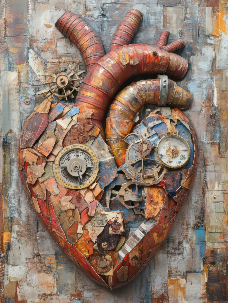 A human heart built from clockwork pieces, featuring gears and metallic details, abstract assemblage merging mechanics and anatomy in an arman assemblage concept