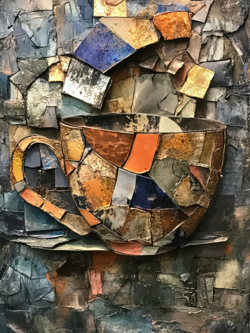 A teacup formed from shattered ceramic pieces, carefully arranged into an abstract assemblage, artistic arman assemblage symbolizing fragility and reconstruction