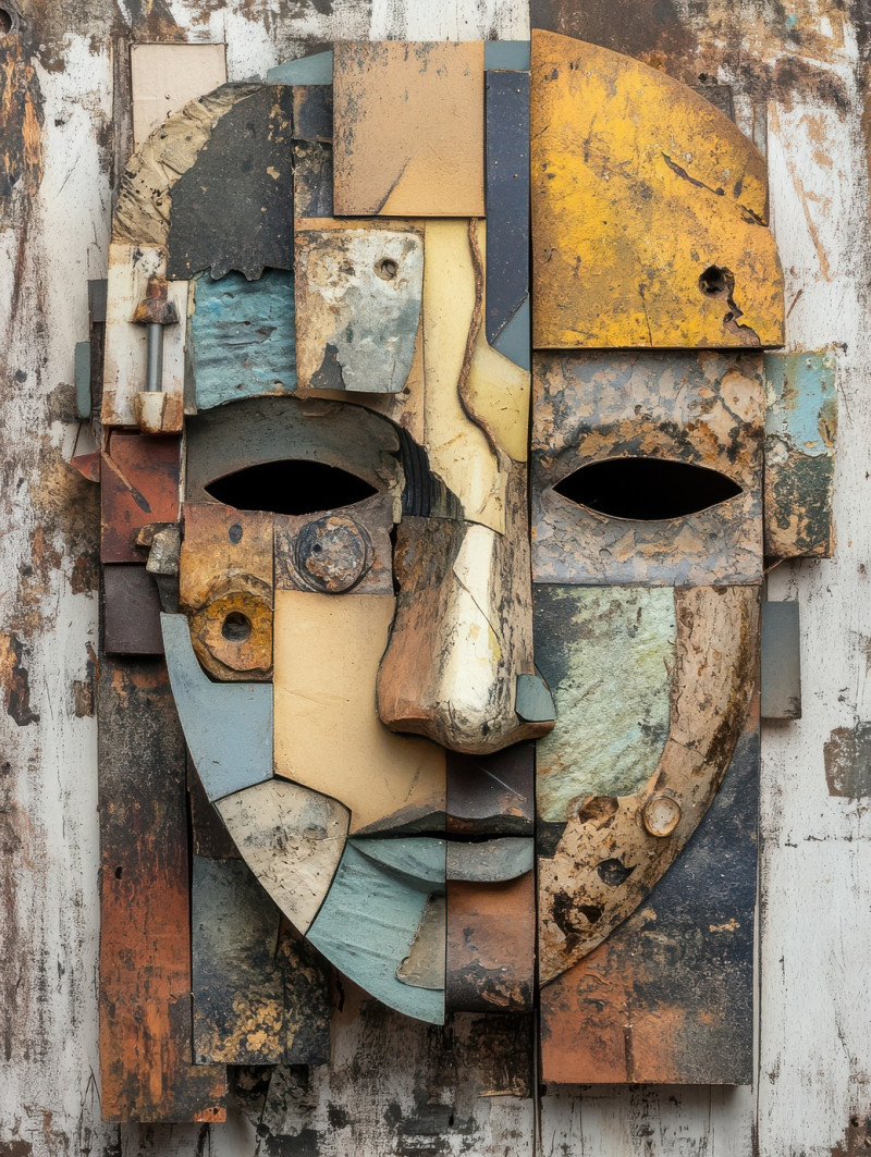 A mask made of layered found objects, creating an abstract assemblage of textures and mystery, artistic arman assemblage blending identity and expression