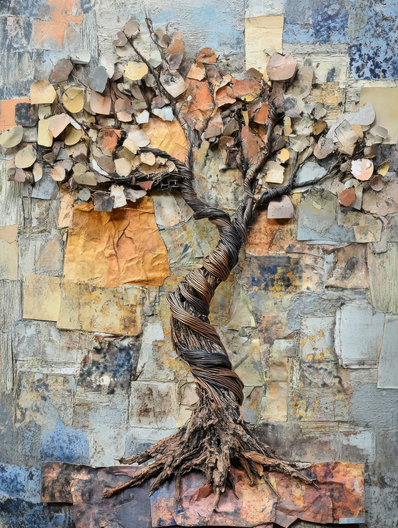 A tree sculpted from twisted wires and branches, merging natural and industrial elements in an abstract assemblage, arman assemblage symbolizing growth and resilience
