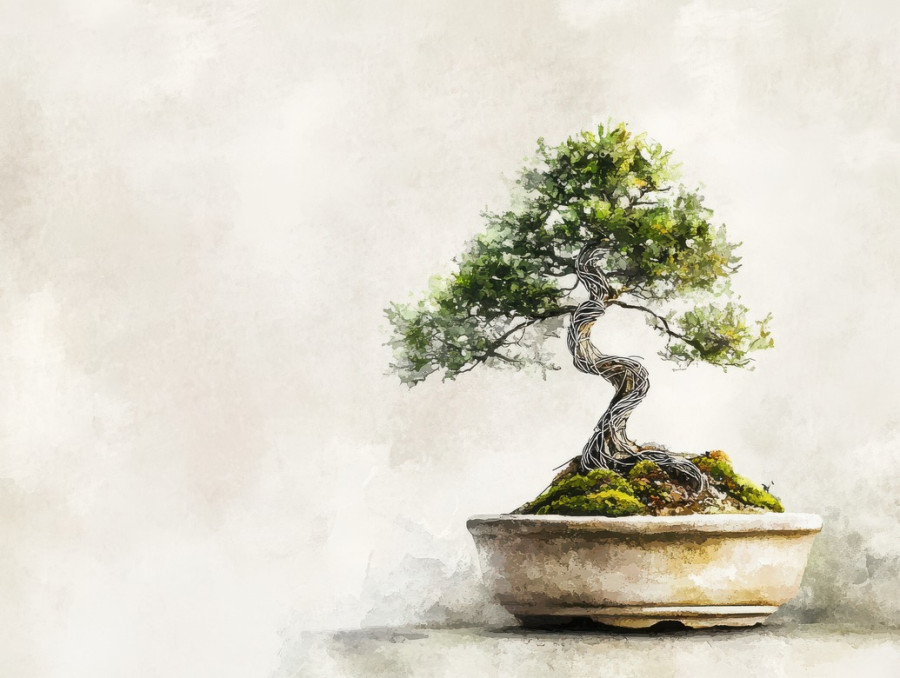 Tiny bonsai tree thriving in an ancient stone pot, roots settled in bonsai soil, symbolizing resilience and nature’s beauty in a peaceful setting