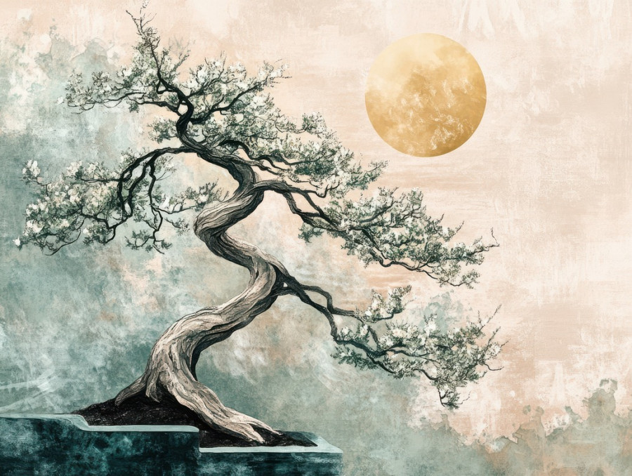 Twisted branches of a bonsai tree bathed in serene moonlight, casting soft shadows, capturing tranquility and the art of bonsai care
