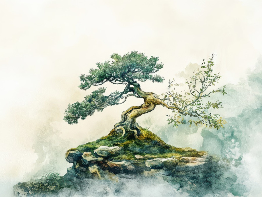 Bonsai tree standing in morning mist, soft light filtering through, highlighting its intricate branches and lush foliage, thriving in bonsai soil
