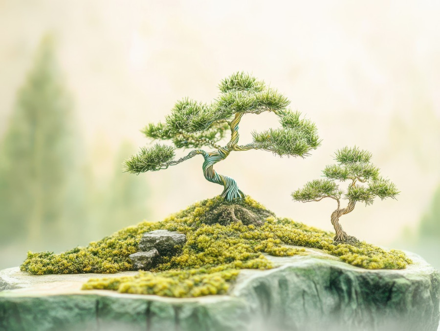 Zen garden with miniature bonsai trees arranged on mossy stones, creating a peaceful atmosphere, showcasing the harmony of bonsai care