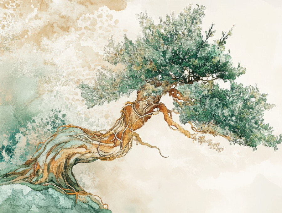 Gnarled bonsai tree stretching its twisted branches toward the sky, symbolizing strength and perseverance, firmly rooted in bonsai soil