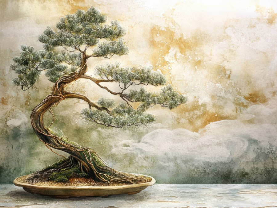 Bonsai tree under gentle rain, its leaves glistening with water droplets, representing calmness and the nurturing care of bonsai cultivation