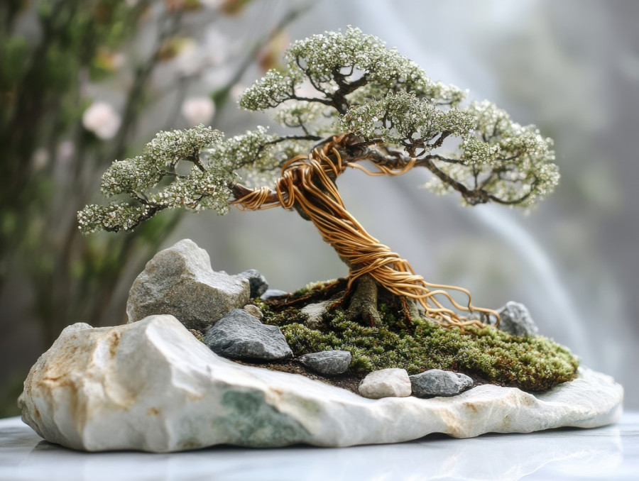 Perfectly shaped bonsai tree surrounded by natural rocks, embodying balance, patience, and the traditional art of bonsai care