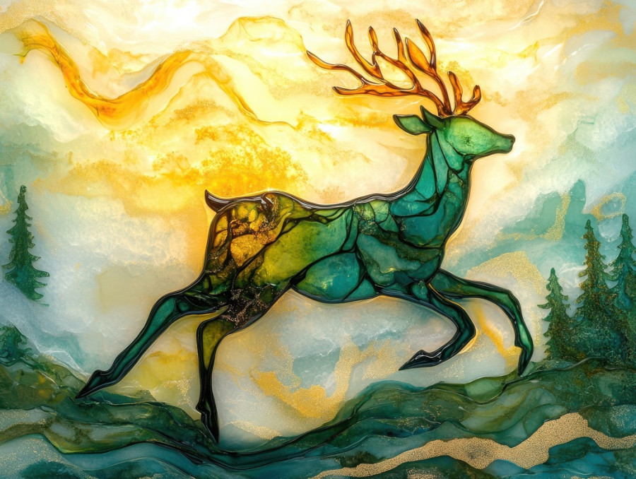Graceful deer prancing through a misty forest, surrounded by soft light, nature-inspired fused glass art capturing movement and serenity, perfect for glass fusing supplies enthusiasts