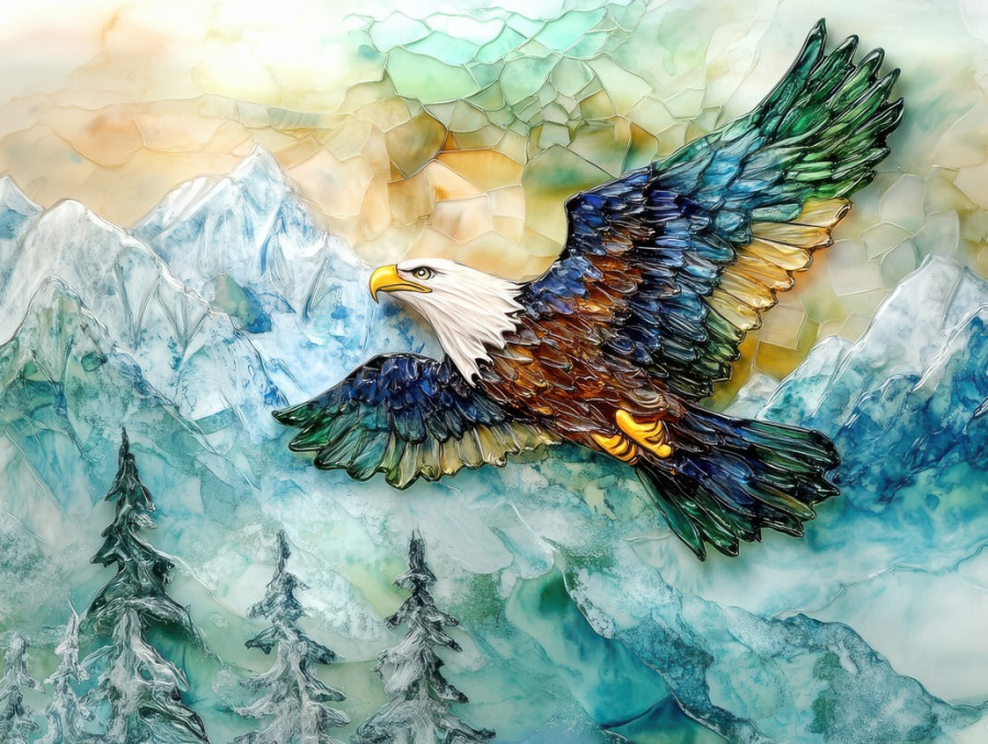 Majestic eagle soaring over snow-capped mountains, wings spread wide, a stunning depiction of strength and freedom in fused glass art, ideal for glass fusing supplies lovers