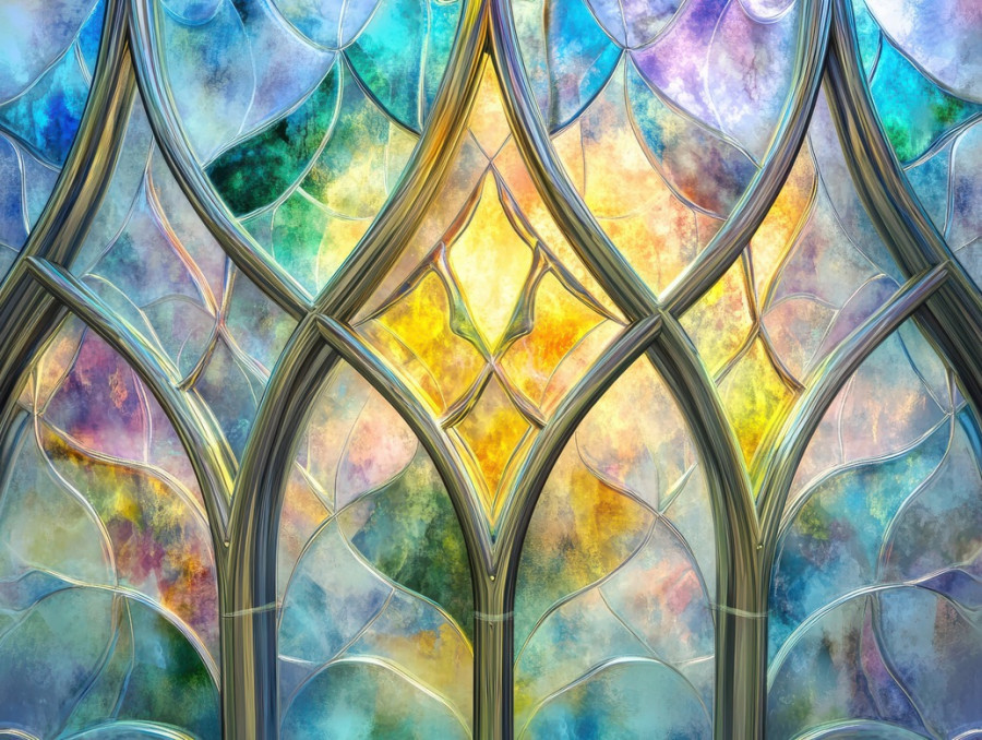 Gothic cathedralâ€™s stained glass windows glowing with vibrant colors, casting light inside, a masterpiece of fused glass art, great for those passionate about glass fusing supplies