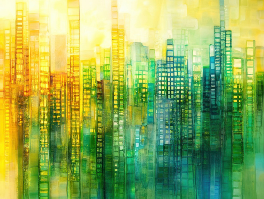 Towering skyscrapers reflecting city lights against the evening sky, modern urban landscape in fused glass art, a must-have for architecture fans and glass fusing supplies users