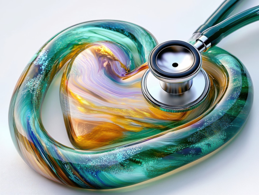 Stethoscope coiled around a vibrant heartbeat, symbolizing healthcare and life, a medical-themed fused glass art piece, ideal for glass fusing supplies and artistic expression