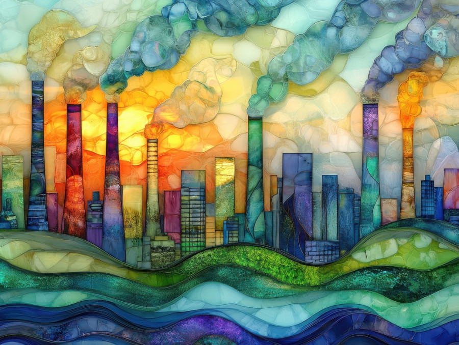 Factory smokestacks billowing over a steel city, depicting industrial life, a bold interpretation in fused glass art, perfect for those exploring glass fusing supplies themes
