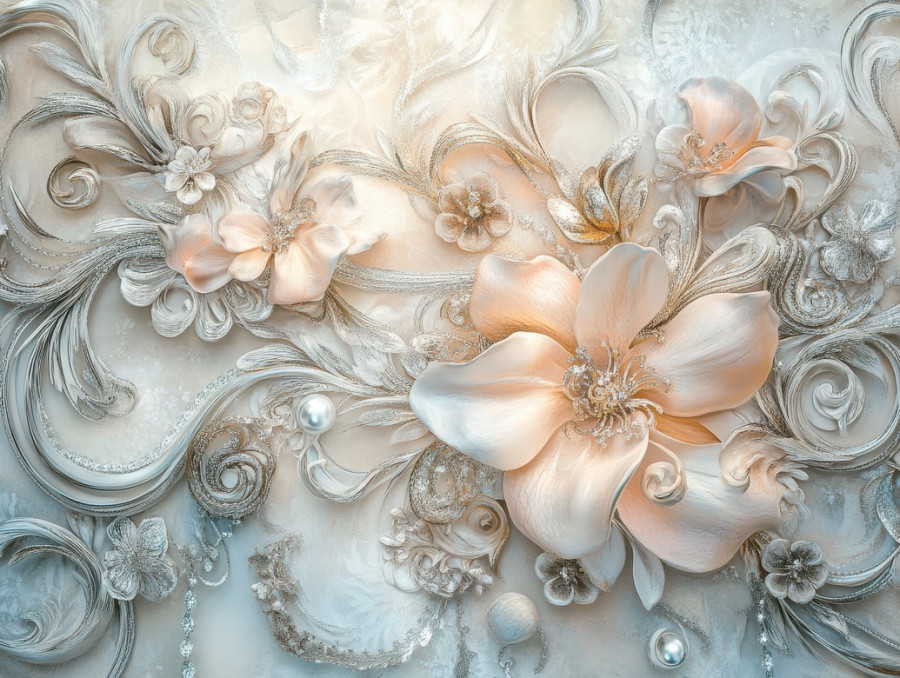 Soft flowers entwined with swirling silver threads, forming intricate filigree details inspired by filigree jewelry and filigree earrings