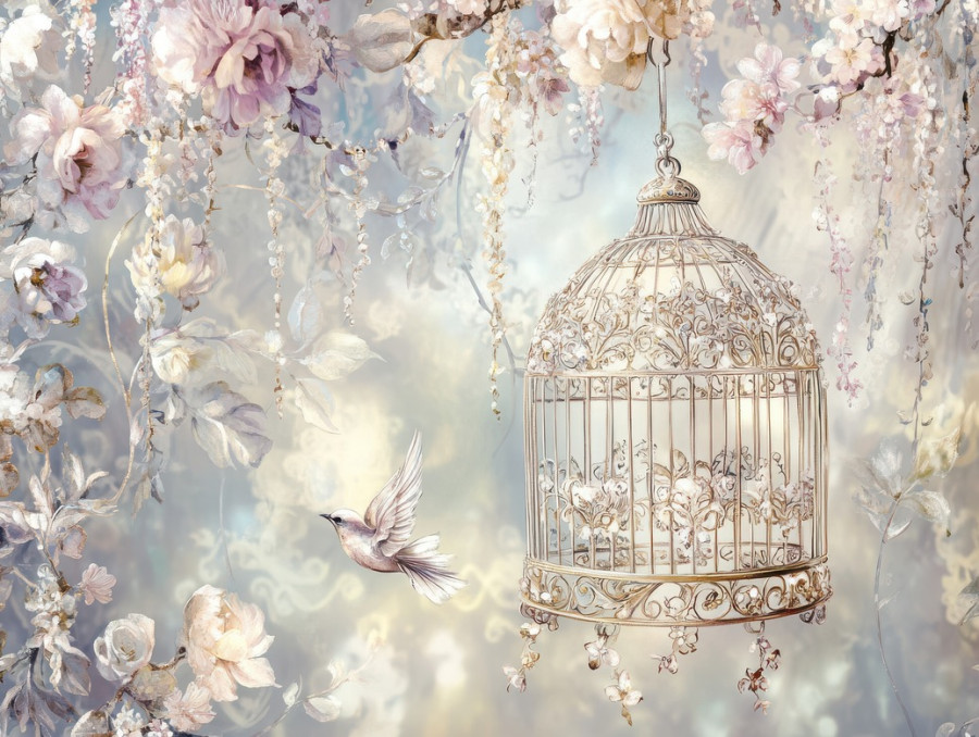 Ornate birdcage hanging from a floral trellis, crafted with fine filigree details, evoking vintage elegance like filigree jewelry and filigree earrings