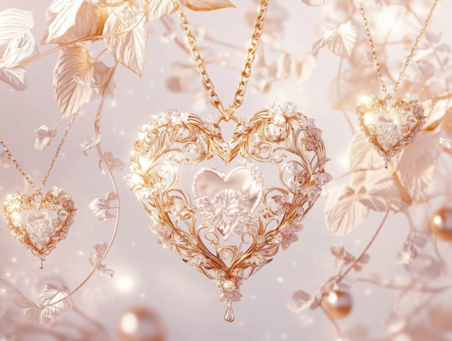 Filigree heart shaped motifs among ivy leaves, woven into an intricate pattern, inspired by filigree jewelry and filigree earrings for a romantic touch