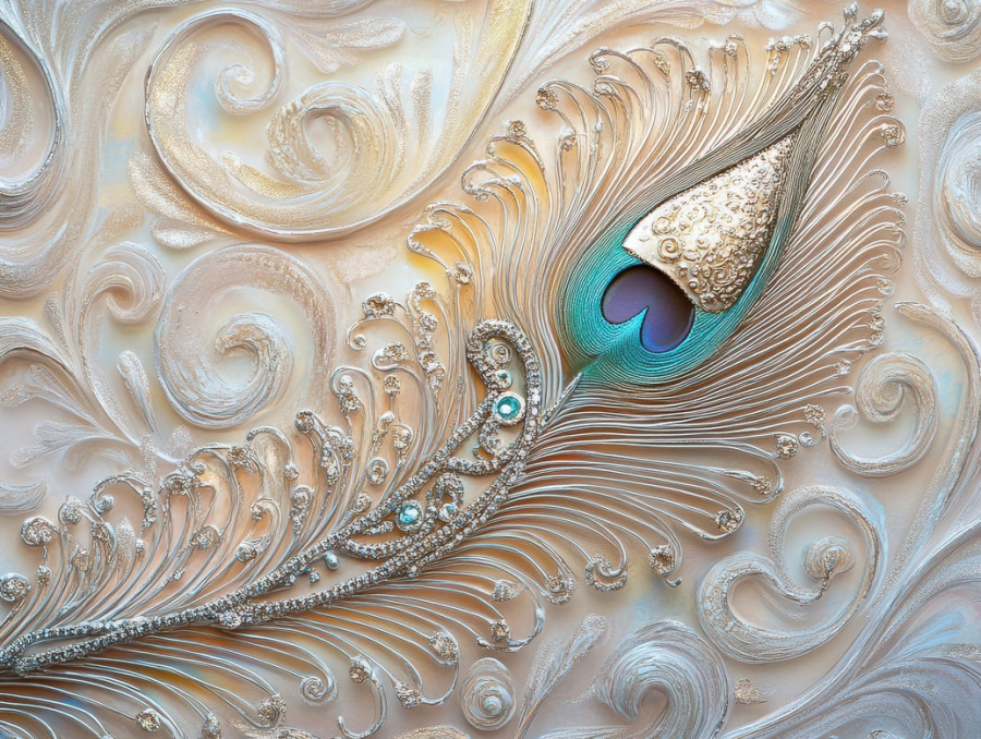 A peacock feather interlaced with silver filigree, blending nature elegance with intricate filigree jewelry and filigree earrings craftsmanship