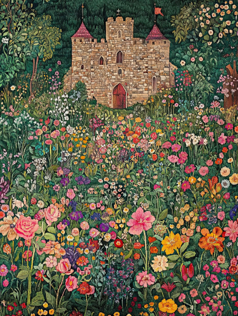 Ancient stone castle standing tall amidst wildflower fields, historic architecture in a dreamy floral landscape, millefleurs tapestry concept