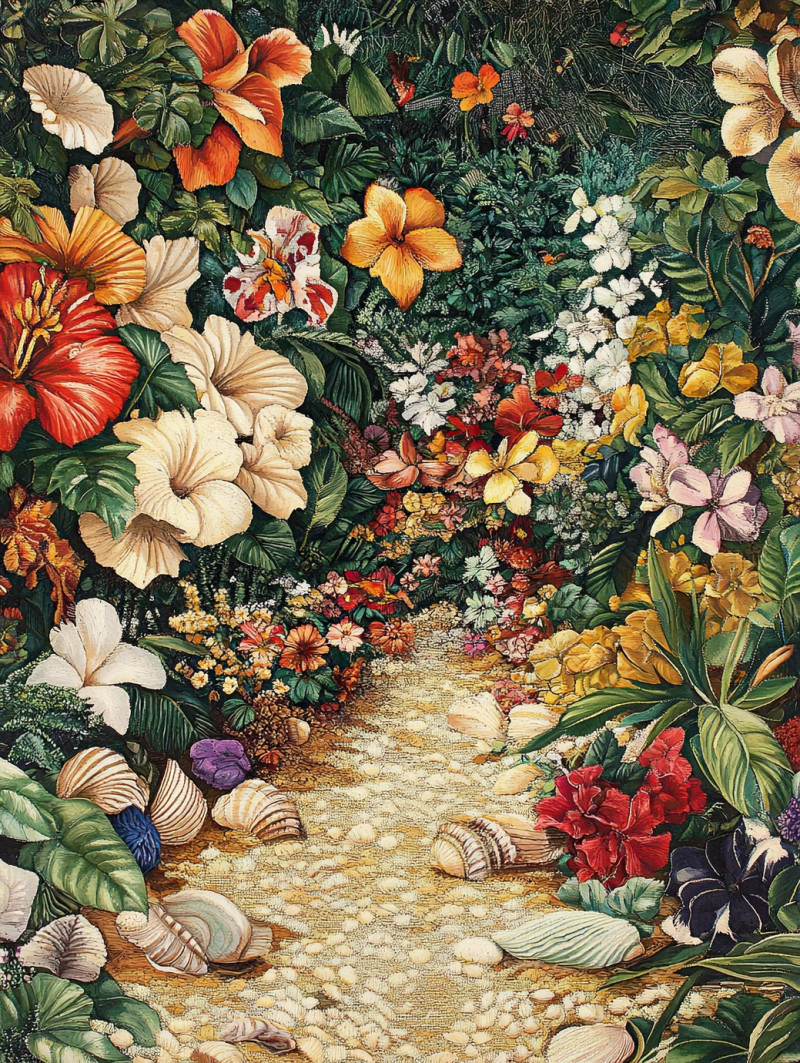 Gentle waves washing over golden sand, seashells scattered along the shore, peaceful coastal scenery, millefleurs tapestry beach-inspired design