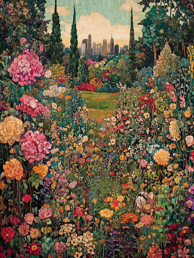 Tranquil garden with lush greenery and vibrant flowers, distant office skyline blending nature and modern life, millefleurs tapestry scenery