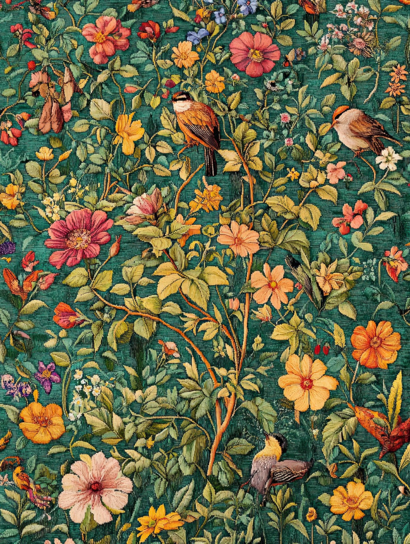 Peaceful herbal garden filled with fragrant plants and colorful blooms, relaxing nature escape, millefleurs tapestry botanical theme