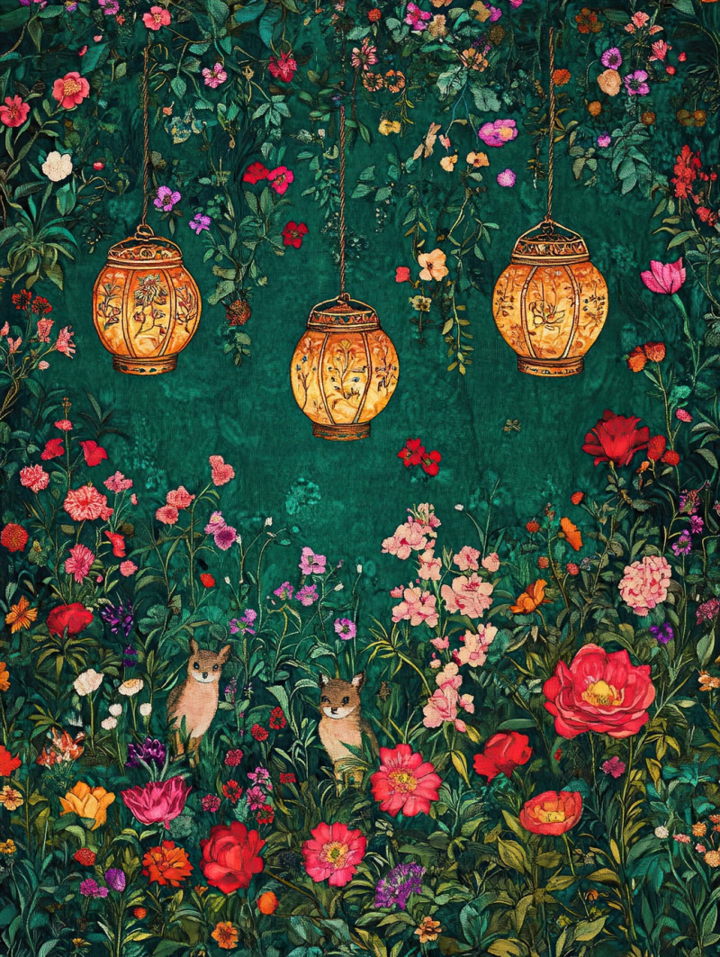 Floating lanterns glowing in a vibrant floral garden, magical ambiance surrounded by lush flowers, millefleurs tapestry fantasy landscape