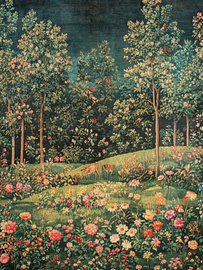 Rolling hills covered in wildflowers and scattered trees, peaceful countryside scene, millefleurs tapestry inspired landscape