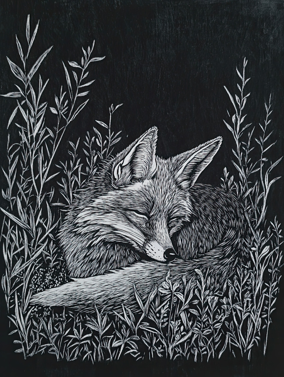 Fox curled up in dense undergrowth, resting in a peaceful forest setting, detailed scraperboard art captures fine fur texture and foliage in black scraperboard style