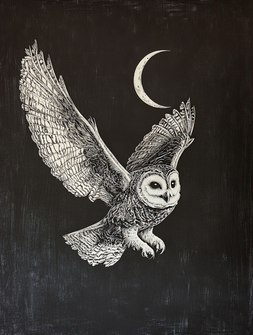 Owl in mid-flight under a crescent moon, wings spread wide in the night sky, scraperboard art highlights intricate feather details and moonlit contrast in black scraperboard