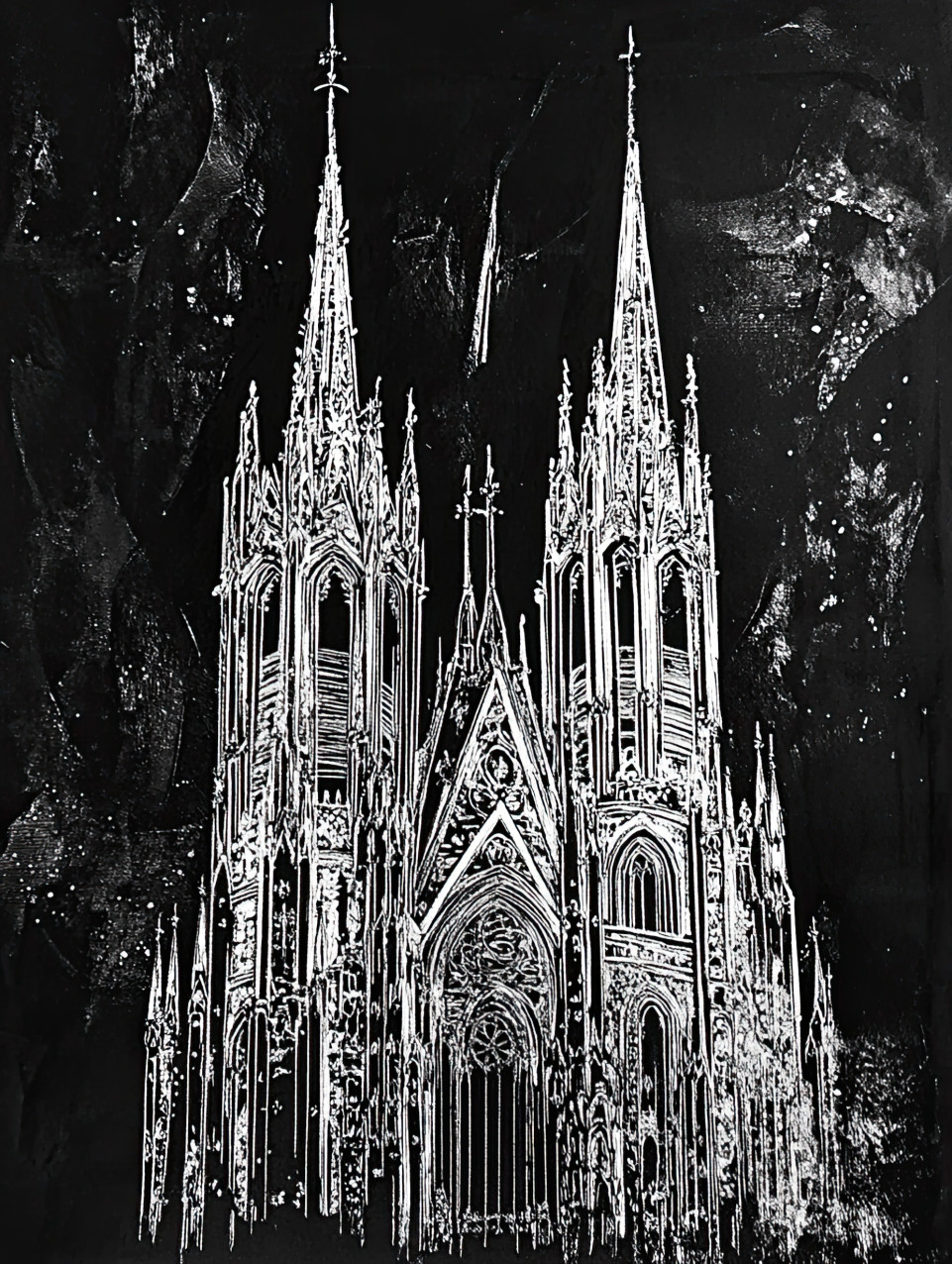 Gothic cathedral with towering spires reaching into the sky, intricate details of stonework and arches, scraperboard art creates sharp contrasts in black scraperboard style