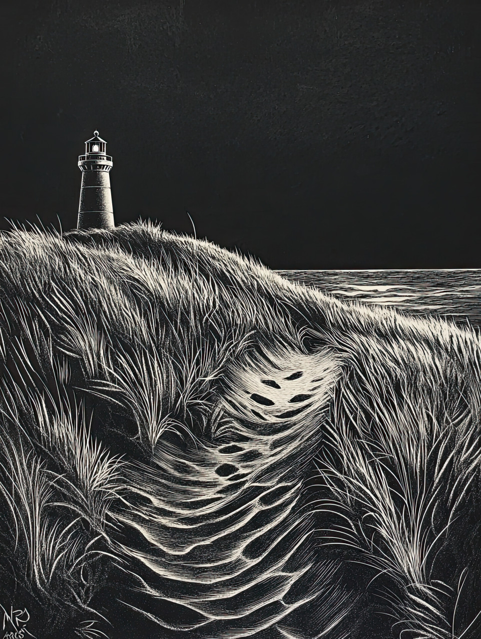 Wind-swept dunes with a lone lighthouse standing tall against the horizon, scraperboard art captures flowing sand patterns and a coastal atmosphere in black scraperboard