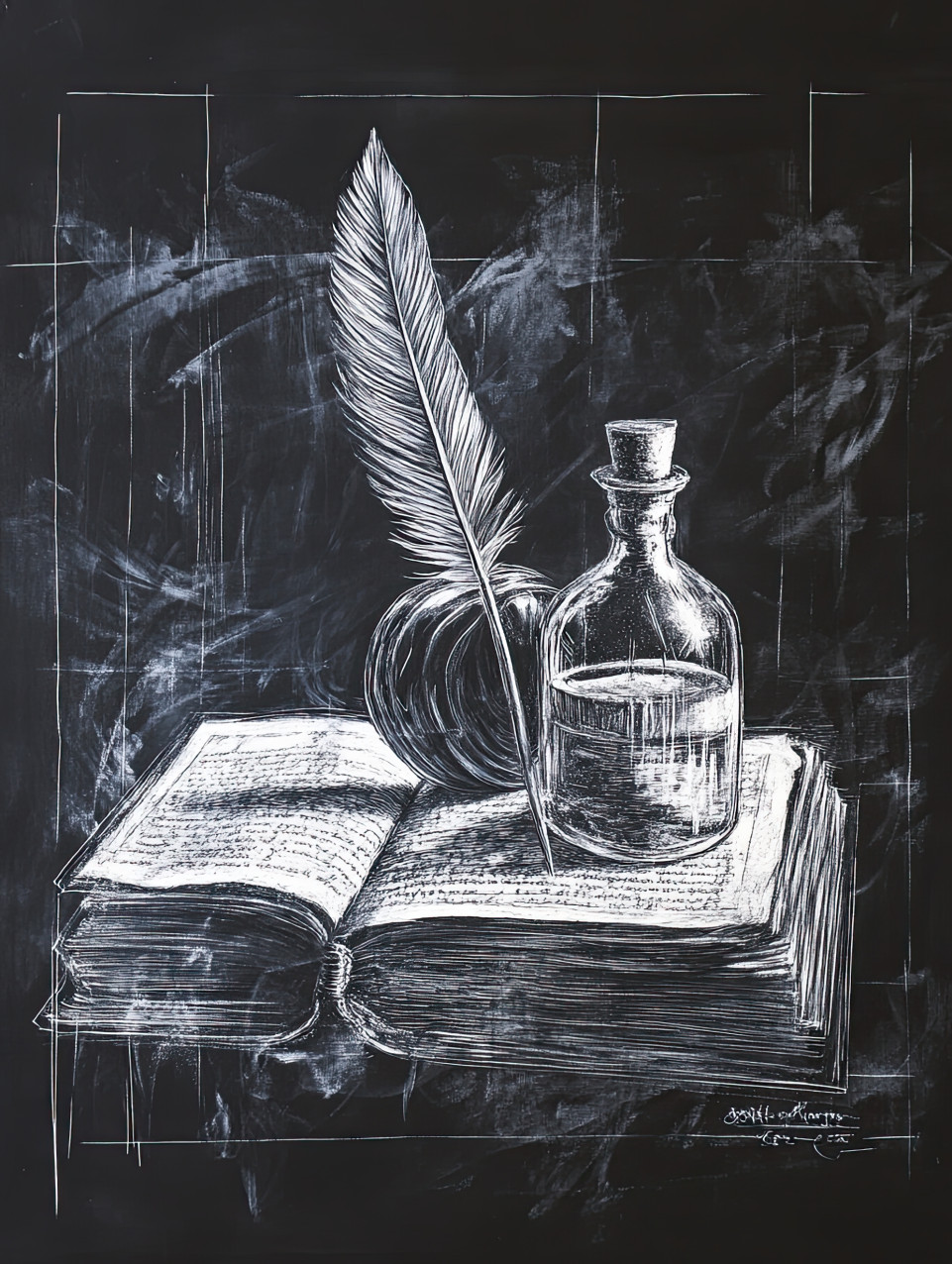 Old ledger with a quill and ink bottle on a wooden desk, evoking a vintage writing scene, scraperboard art enhances fine textures and shadows in black scraperboard style
