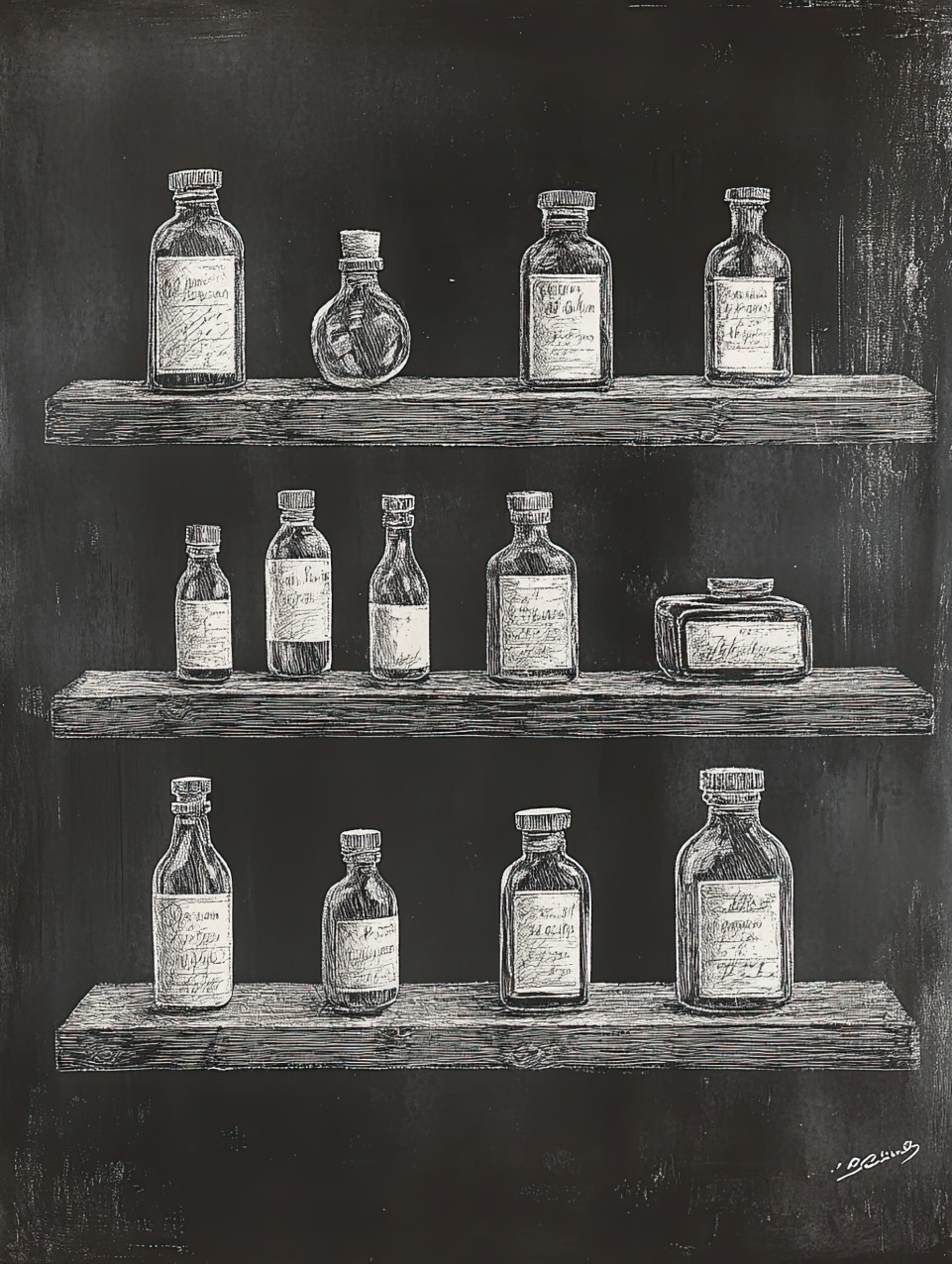 Antique apothecary bottles on wooden shelves, detailed glass reflections and vintage labels, scraperboard art captures historical charm with bold contrasts in black scraperboard