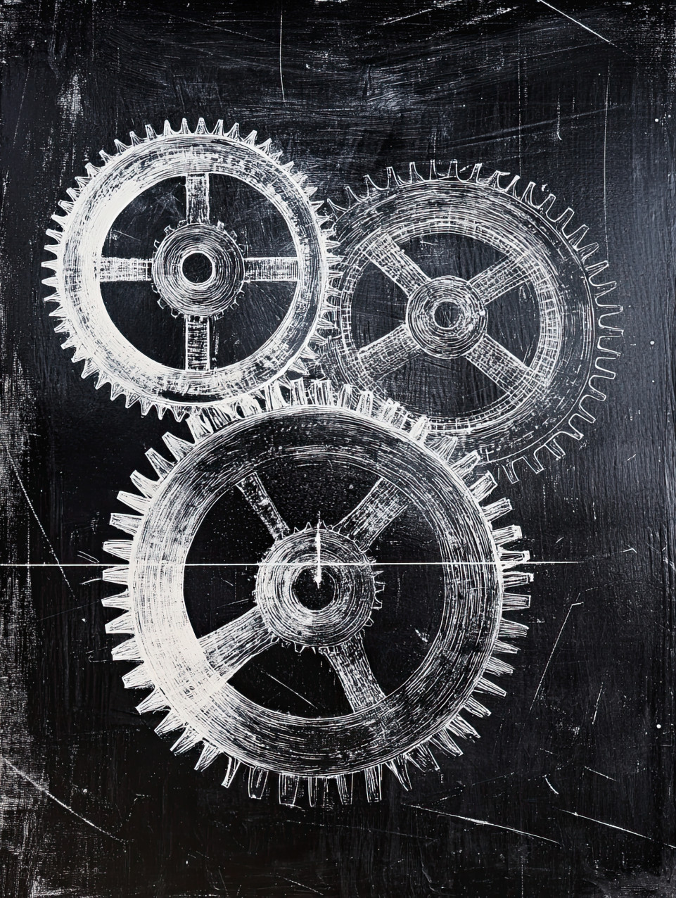 Gears and cogs interlocked in motion, showcasing intricate mechanical design, scraperboard art brings industrial precision to life with bold contrasts in black scraperboard