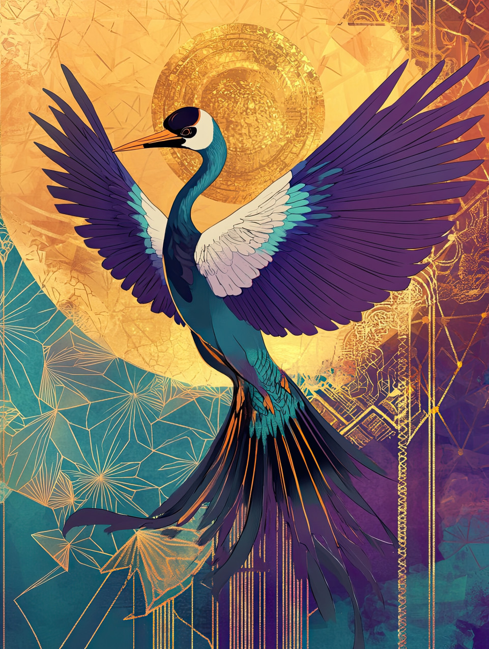 Crane with outstretched wings in an elegant fan motif, graceful symmetry and traditional craftsmanship define this intricate temari, funko temari, naruto temari