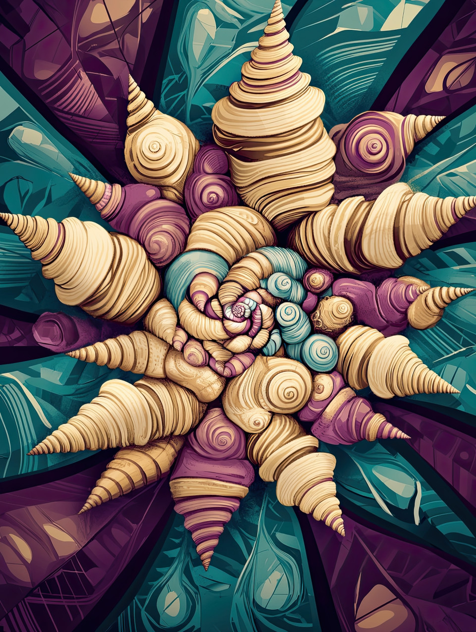 Seashells arranged in a radial starburst, evoking ocean waves, this temari design captures the beauty of marine symmetry, funko temari, naruto temari