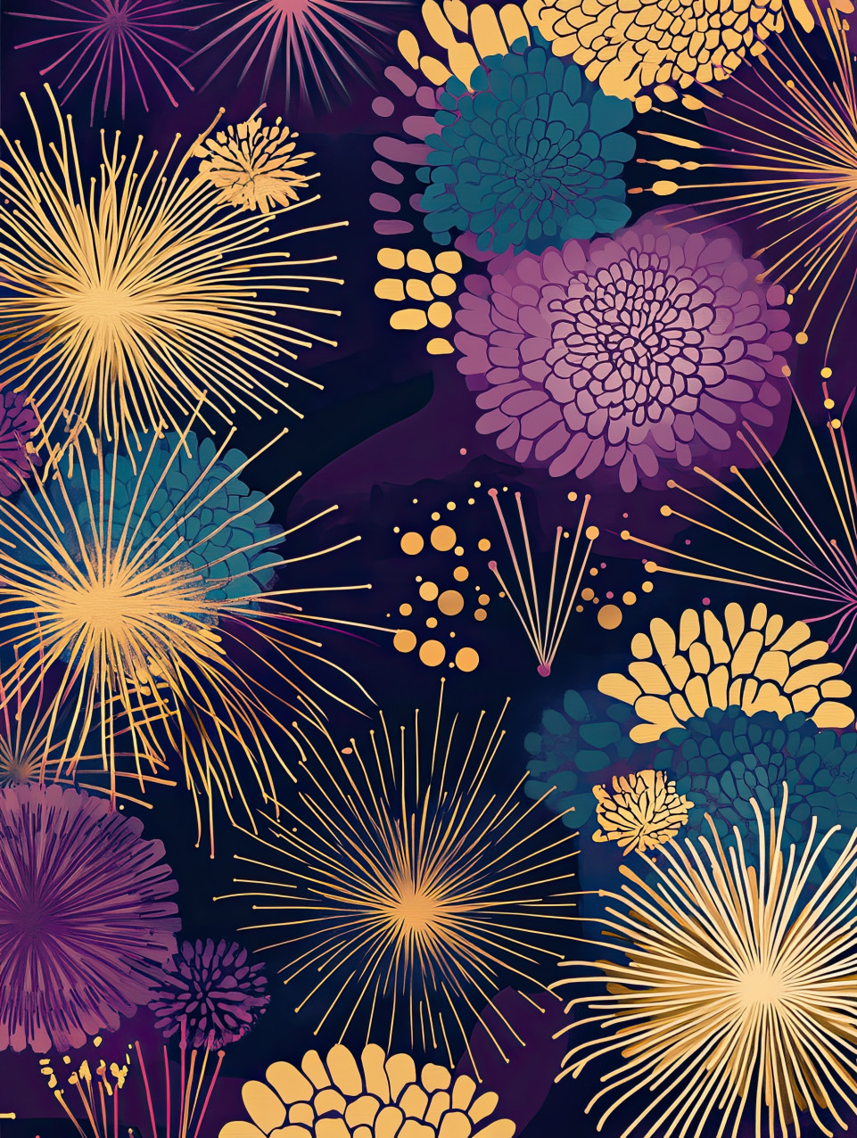 Fireworks burst in a layered chrysanthemum pattern, celebrating vibrant energy, a festive and colorful temari design, funko temari, naruto temari