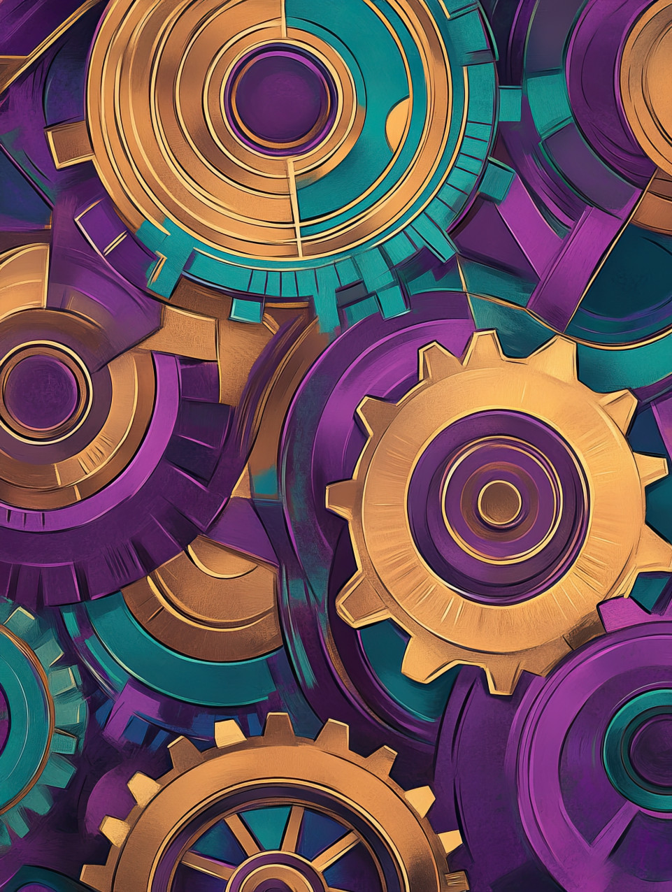 Spinning gears interlock into concentric rings, symbolizing motion and precision, a mechanical-inspired temari pattern, funko temari, naruto temari