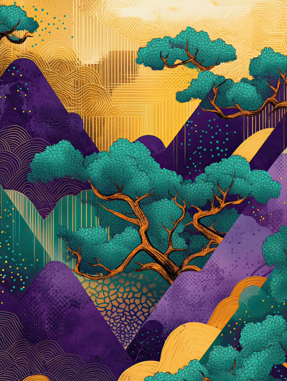 Pine trees arranged in interlocking triangles, inspired by natureâ€™s resilience, a geometric forest-themed temari, funko temari, naruto temari