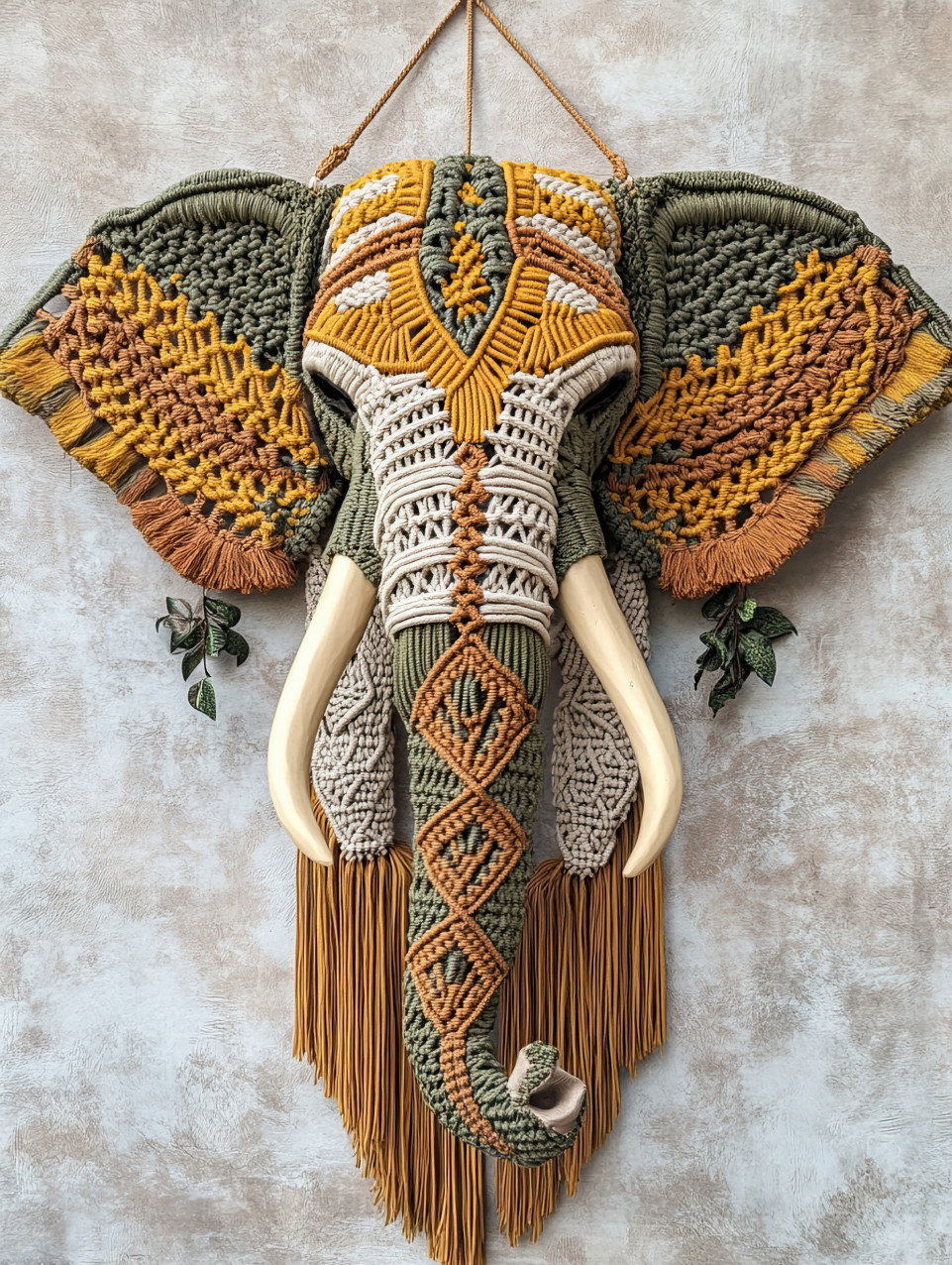 Majestic elephant adorned with intricate macrame patterns, showcasing detailed macrame knots, perfect for macrame, macrame cord, macrame yarn lovers