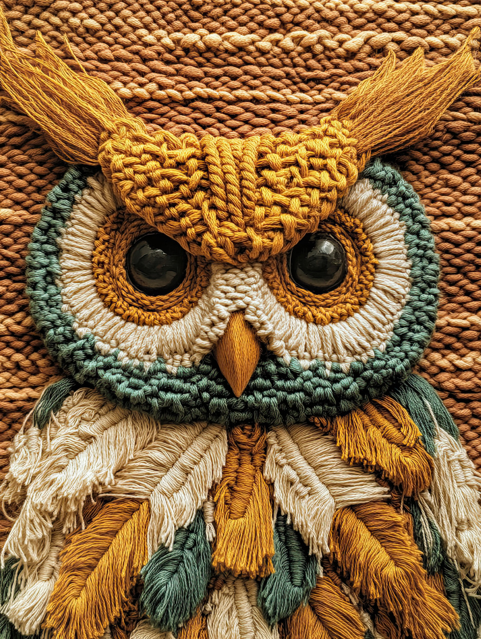 Owl with woven feather details crafted from macrame knots, highlighting texture and artistry, ideal for macrame, macrame cord, macrame yarn designs