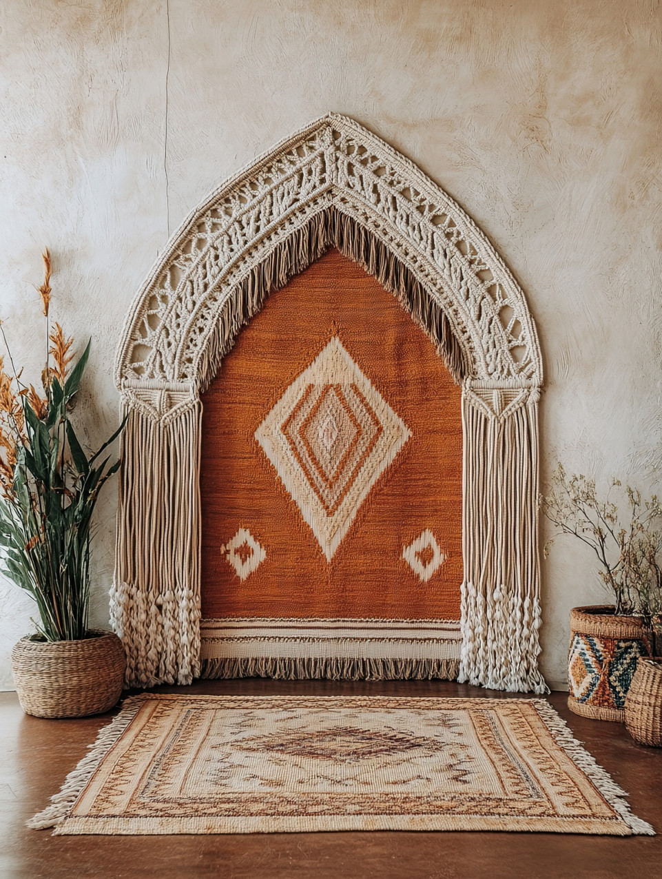 Boho style arched doorway created with macrame knots, blending texture and elegance, great for macrame, macrame cord, macrame yarn inspirations