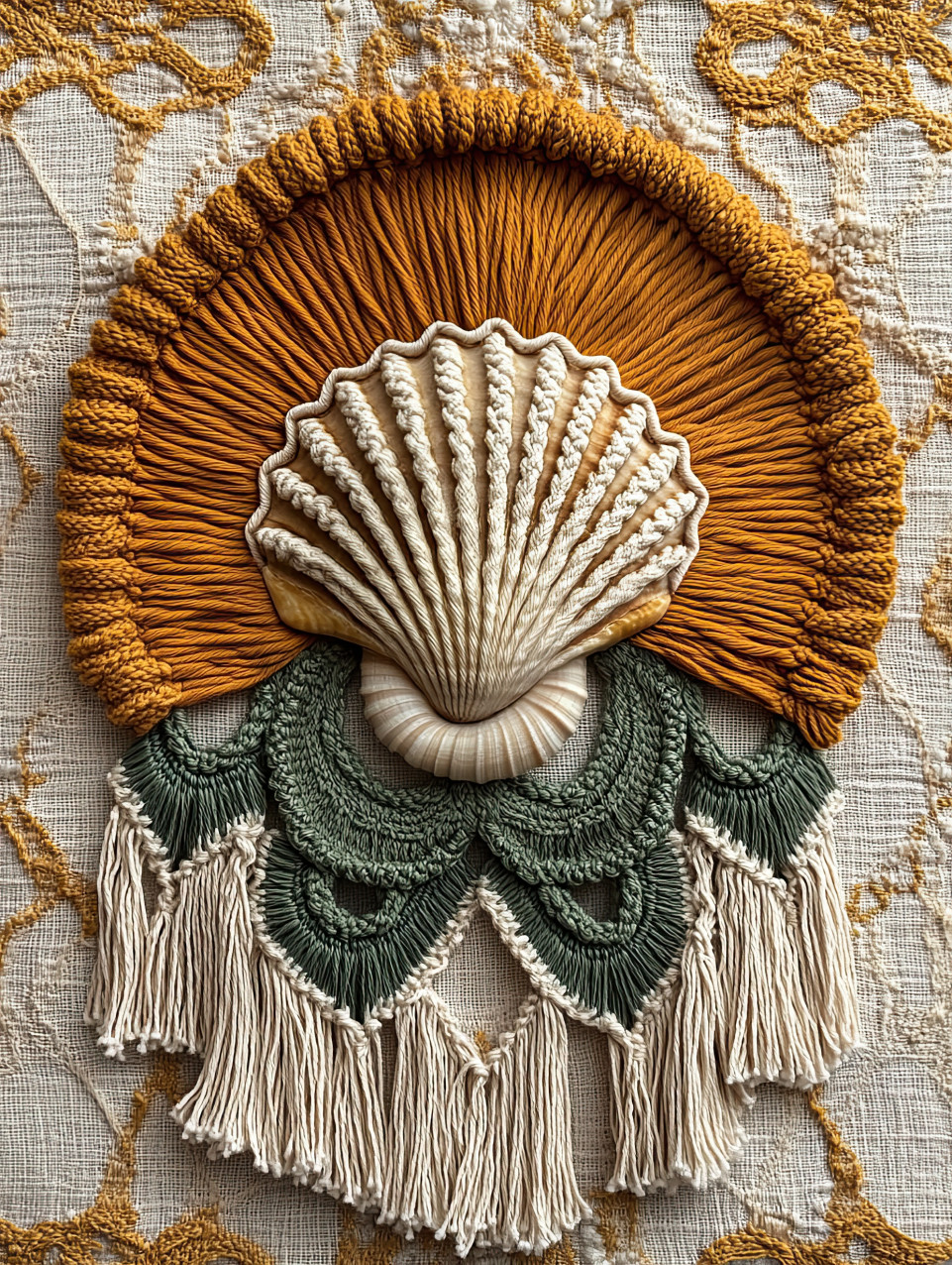 Seashell surrounded by flowing macrame waves, combining ocean beauty with textile art, perfect for macrame, macrame cord, macrame yarn enthusiasts